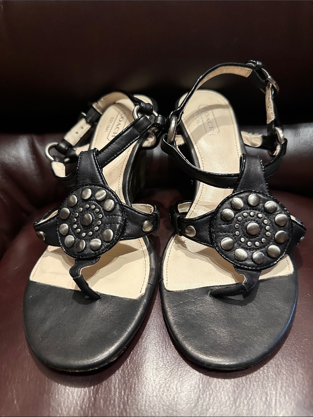 Coach Harper Leather Wedge Thong Sandals